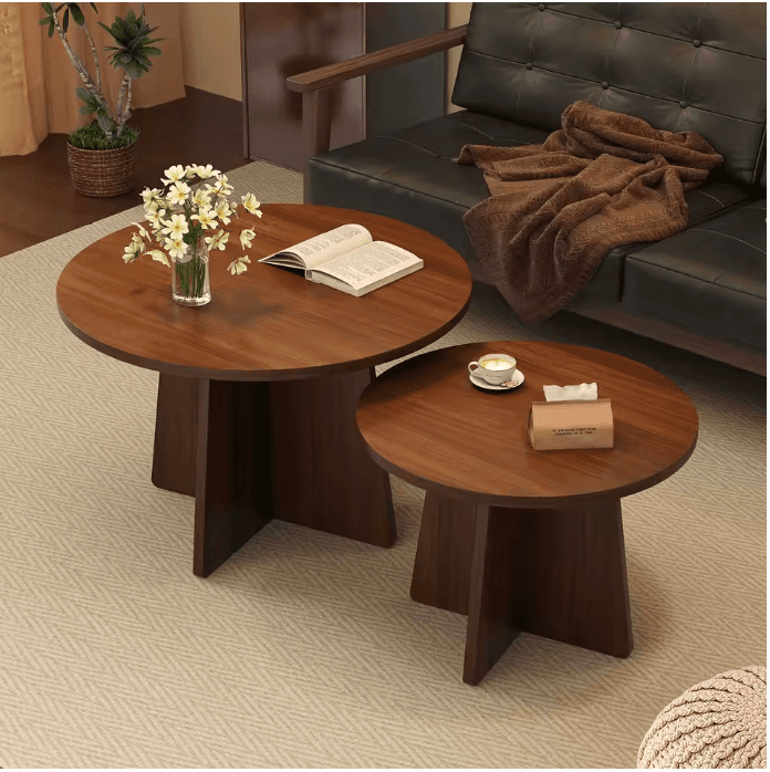 Lot de 2 tables basses rondes noyer