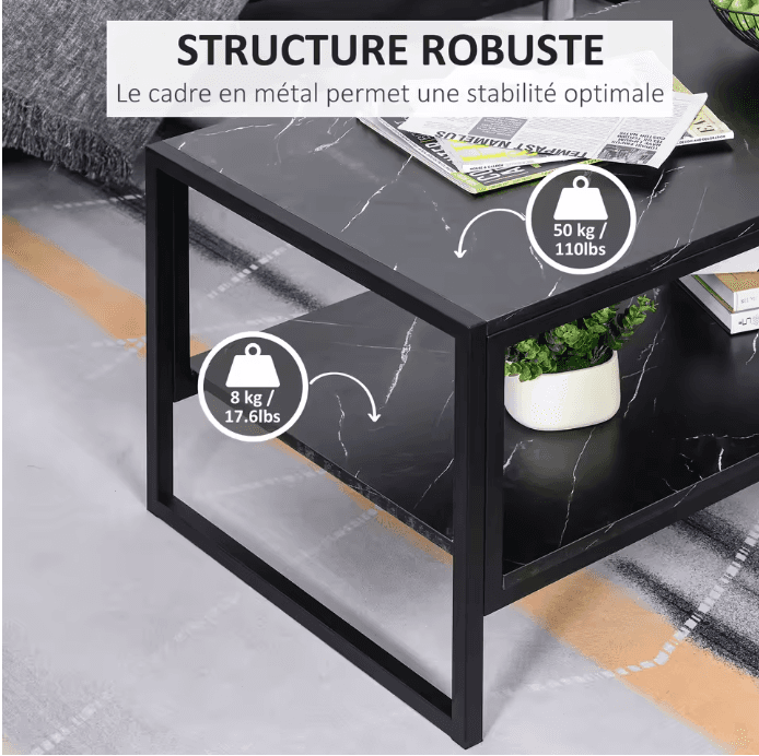 Table basse moderne noire 2 étagères vue 3